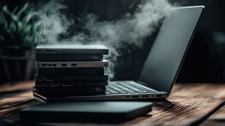 A visually engaging scene depicting steam rising from a stack of external hard drives placed on a laptop in a dark home office. The soft light and wooden table create a calm atmosphere, ideal for productivity and focused work.の素材
