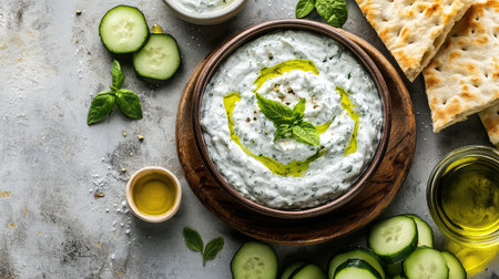 This image showcases a fresh and creamy yogurt dip adorned with cucumber slices and a drizzle of olive oil, perfect for appetizers.の素材