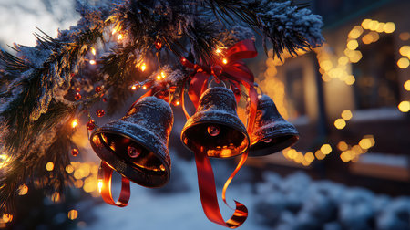A beautiful arrangement of shiny Christmas bells adorned with a red ribbon hung on a snowy pine branch, illuminated by soft lights creating a warm holiday ambiance.の素材