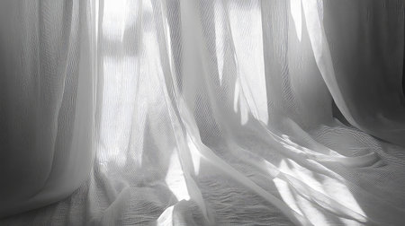 Soft light pours gently through sheer white curtains, creating a tranquil atmosphere in a serene indoor setting, highlighting fabric textures and shadows.の素材