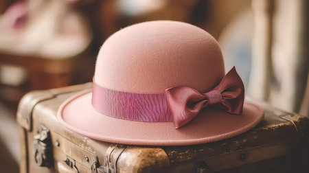 This charming pink hat with a delicate bow showcases elegance and style, resting on a vintage trunk, perfect for fashion lovers and decor enthusiasts.の素材