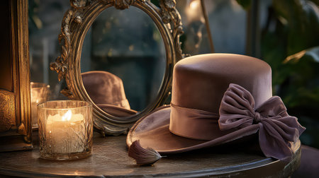 This serene image captures an elegant vintage hat adorned with a bow, resting on a wooden table next to a softly glowing candle and ornate mirror, creating a warm, inviting atmosphere.の素材