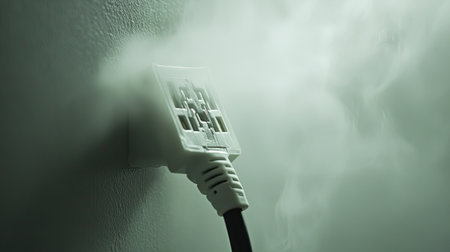 An electrical outlet releases steam and smoke, highlighting the potential dangers of electrical malfunctions in a household setting.の素材