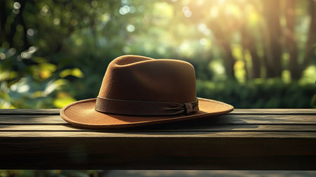 A stylish brown fedora hat rests elegantly on a wooden surface, surrounded by lush greenery and soft sunlight, creating a serene outdoor atmosphere.の素材