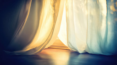 A beautiful scene of soft morning light streaming through sheer curtains, creating a warm and inviting atmosphere in a cozy room. The interplay of light and shadow enhances the serene ambiance.の素材