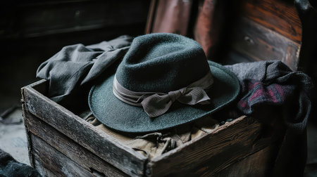 A vintage fedora hat placed atop soft fabrics inside a rustic wooden crate creates a warm and nostalgic atmosphere, perfect for stylish decor.の素材
