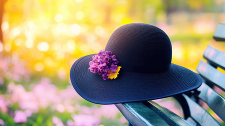 An elegant black hat featuring a lovely bouquet of purple and yellow flowers rests on a park bench. The background showcases a vibrant garden filled with sunlight and color, creating a serene atmosphere perfect for spring and summer.の素材