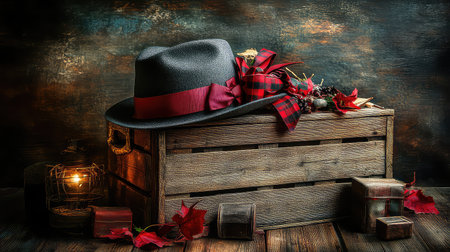 A beautiful arrangement featuring a stylish hat atop a rustic wooden crate, adorned with colorful autumn leaves and a vintage lantern, captures a cozy and warm atmosphere, perfect for seasonal themes.の素材