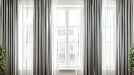 A serene and modern living space featuring soft sheer curtains that allow gentle light to filter in, complemented by lush indoor plants for a refreshing atmosphere.の素材