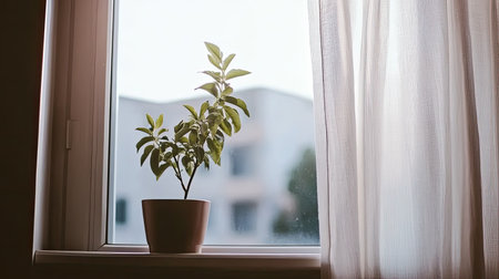 A small green plant in a simple pot sits on a window sill, bathed in soft natural light, with sheer curtains creating a serene and inviting atmosphere.の素材