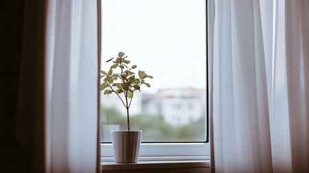 A serene indoor scene featuring a small green plant placed by a window, illuminated by soft natural light streaming through sheer curtains. The minimalist decor enhances the peaceful ambiance.の素材