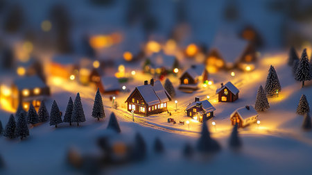 A serene winter village scene illuminated at night, showcasing cozy homes adorned with warm lights, surrounded by snow-covered trees and tranquility.の素材