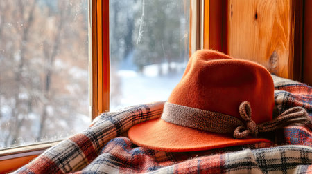 A warm orange hat rests on a soft blanket by a window, showcasing a serene snowy landscape outside. Perfect for winter and cozy interiors.の素材