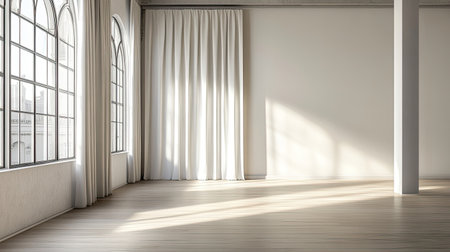 A minimalistic and spacious empty room featuring large windows draped with white curtains, allowing natural light to illuminate the wooden floor.の素材