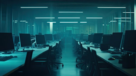 A serene and modern empty office space featuring rows of computer workstations under soft blue lighting. This contemporary environment promotes tranquility and creativity.の素材