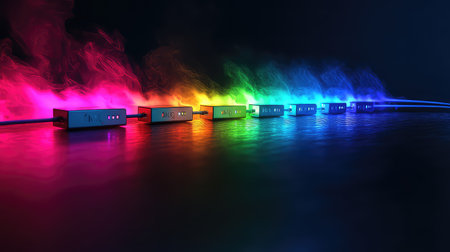 This image features colorful neon lights emitting vibrant smoke effects against a dark abstract background, perfect for modern design concepts and technology themes.の素材