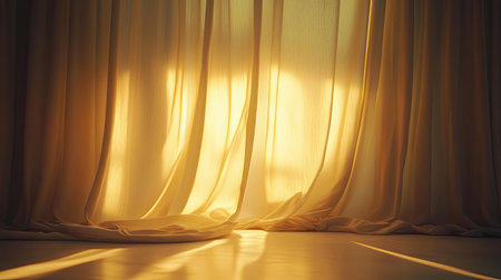 Beautiful soft golden light filters through sheer curtains, creating a warm and inviting atmosphere in a serene interior space. Ideal for tranquil settings.の素材