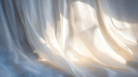 A close-up of soft white fabric elegantly draped, illuminated by warm natural light, evoking tranquility and serenity in an indoor setting. Ideal for decor themes.の素材