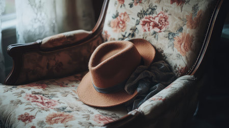 A charming vintage hat rests elegantly on a beautifully upholstered floral armchair, creating a cozy atmosphere rich in detail and nostalgia.の素材
