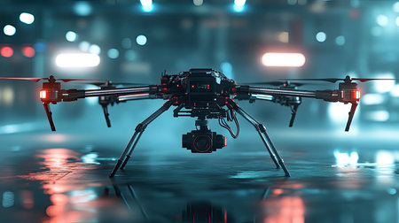 A high-resolution drone equipped with a camera is displayed in an urban setting, ready for aerial photography. The scene captures cutting-edge technology and innovation.の素材