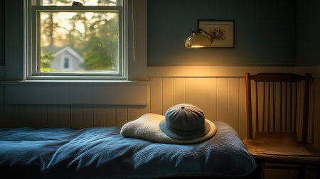 A serene bedroom scene with a cozy atmosphere. A hat rests on a pillow beside a wooden chair, illuminated by warm light from a nearby window showcasing nature.の素材
