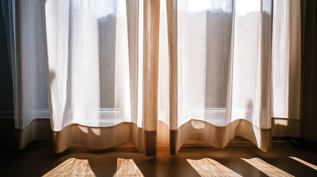 A serene view of sheer white curtains softly filtering morning light, creating beautiful shadows on a wooden floor, perfect for a tranquil home environment.の素材