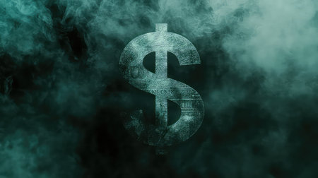 A captivating image of a dollar sign emerging from swirling mist, creating an air of mystery. Perfect for finance, economy, and abstract themes.の素材