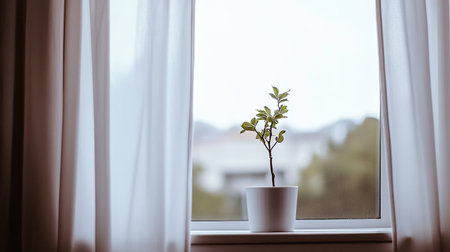 A serene scene featuring a small green plant in a white pot on a windowsill, framed by flowing curtains, creating a peaceful indoor atmosphere.の素材