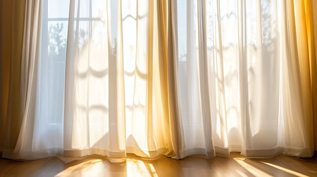 Beautiful sunlight streams through sheer curtains, creating elegant patterns on the wooden floor in a serene, bright room, enhancing the peaceful atmosphere.の素材