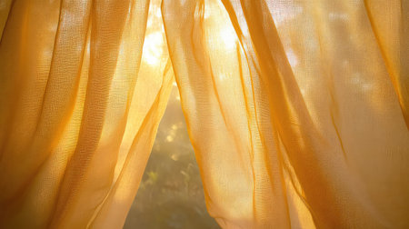 Soft golden sunlight filters through sheer fabric drapes, creating a warm and inviting atmosphere in this cozy interior space. Perfect for relaxation.の素材