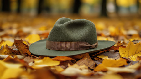 A stylish green hat elegantly placed on a bed of colorful autumn leaves, creating a beautiful contrast and evoking feelings of warmth and tranquility.の素材
