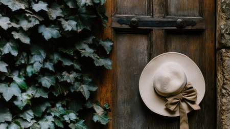 A charming rustic door showcases a stylish sun hat adorned with a bow, while lush green ivy gracefully climbs the entrance, evoking a tranquil atmosphere.の素材