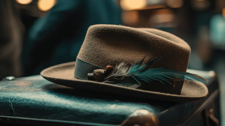 A stylish hat adorned with a vibrant feather lies gracefully on a vintage suitcase, capturing the essence of adventure and classic fashion in a charming setting.の素材