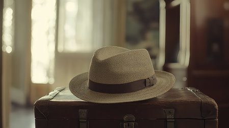 A vintage straw hat rests elegantly on an antique suitcase, illuminated by soft natural light, creating a warm and inviting atmosphere perfect for travel memories.の素材