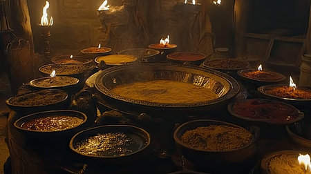 A stunning display of traditional Middle Eastern cuisine showcasing an array of colorful spices and dishes arranged on a rustic wooden table under warm lighting, creating an inviting atmosphere perfect for culinary exploration and cultural appreciation.の素材