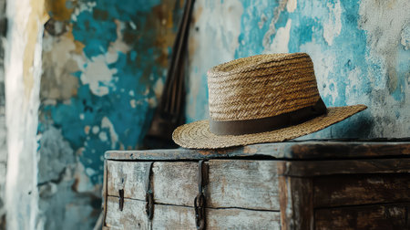 A beautiful rustic straw hat lays on an antique wooden chest, showcasing its unique texture against a vibrant blue wall. Perfect for lifestyle imagery.の素材