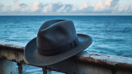 A gray hat elegantly rests on a weathered railing, capturing the essence of summer by the ocean. The backdrop features calm waves and a blue sky.の素材