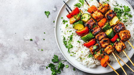 This vibrant dish features grilled vegetable and chicken skewers served over a bed of fluffy rice, garnished with fresh herbs for a healthy and delicious meal.の素材