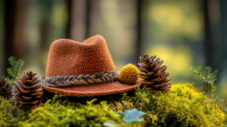 This enchanting image captures a cozy autumn hat nestled among pine cones and lush moss in a tranquil forest, showcasing nature's beauty.の素材