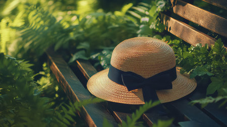 A charming straw hat rests on a wooden bench amid vibrant green foliage. This serene garden scene captures the essence of relaxation and style in nature.の素材