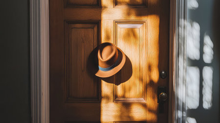 A charming wooden door adorned with a hanging fedora, illuminated by soft sunlight, casting artistic shadows that enhance the cozy indoor atmosphere.の素材