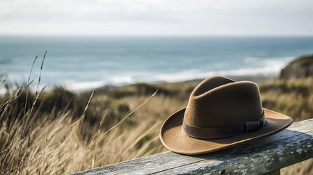 A beautiful brown felt hat rests on a wooden railing overlooking a serene coastal landscape. This scene captures a peaceful moment by the ocean, showcasing nature's tranquility.の素材