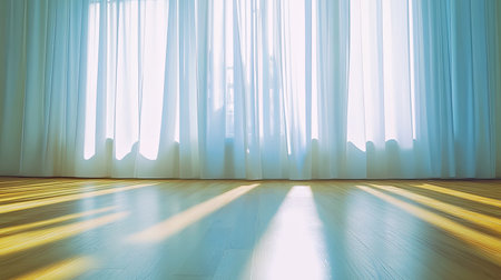 Soft morning light filters through sheer white curtains, casting gentle shadows on a polished floor in a cozy interior, evoking a sense of warmth and tranquility.の素材