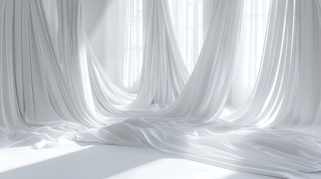 A serene arrangement of soft white drapery gracefully cascades in a bright sunlit studio, creating a tranquil and elegant atmosphere filled with light and texture.の素材