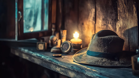 A vintage hat rests on a rustic wooden shelf illuminated by soft candlelight, creating a cozy atmosphere filled with nostalgia and charm.の素材