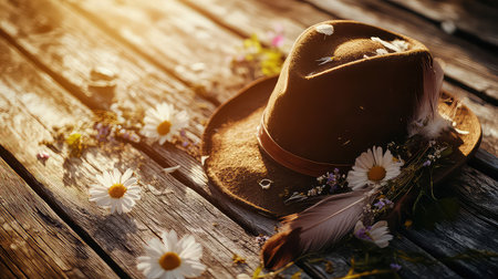 A rustic brown hat adorned with vibrant daisies and delicate feathers sits on weathered wood, illuminated by soft natural light, capturing a serene moment.の素材