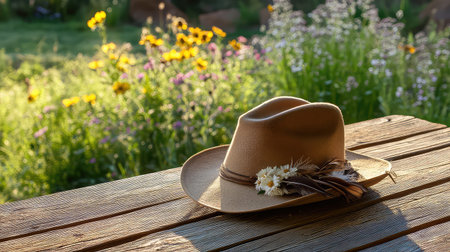 A rustic cowboy hat adorned with delicate flowers sits atop a wooden table, surrounded by a vibrant and blooming garden, capturing the essence of nature's beauty.の素材