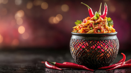 A vibrant and spicy salad served in a rustic bowl, garnished with fresh chili peppers, perfect for culinary enthusiasts seeking colorful presentations.の素材