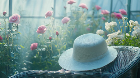 A peaceful scene featuring a white sun hat resting on a wicker chair, surrounded by blooming pink roses in a beautiful greenhouse filled with soft light.の素材