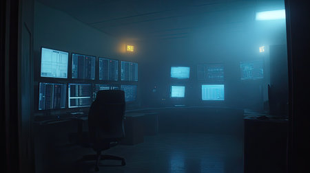 A serene view of a control room illuminated by soft blue light, featuring multiple screens displaying data analytics. The environment evokes a sense of focus and technology.の素材